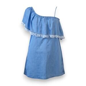 Splendid One Shoulder Indigo Tencel Ruffle Fringe Chambray Dress Size Large